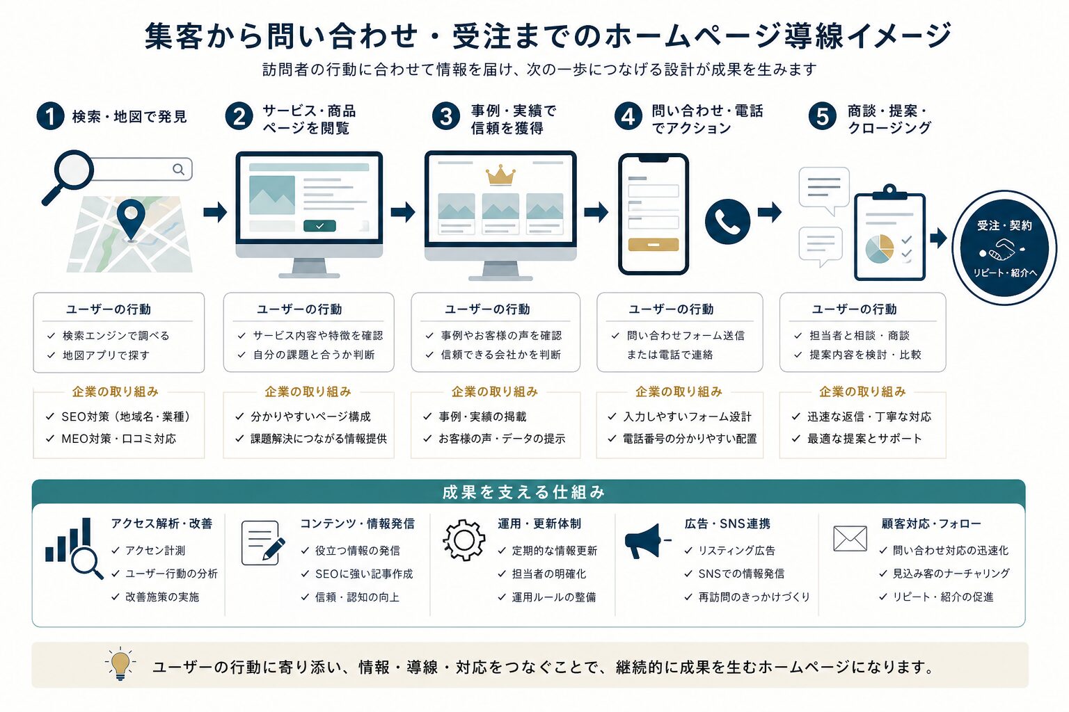 地域企業のホームページ集客における検索から問い合わせまでの導線イメージ