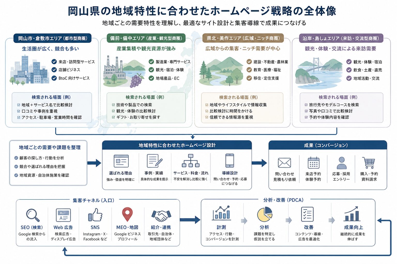 岡山県の地域特性に応じてWeb戦略を分ける考え方の図