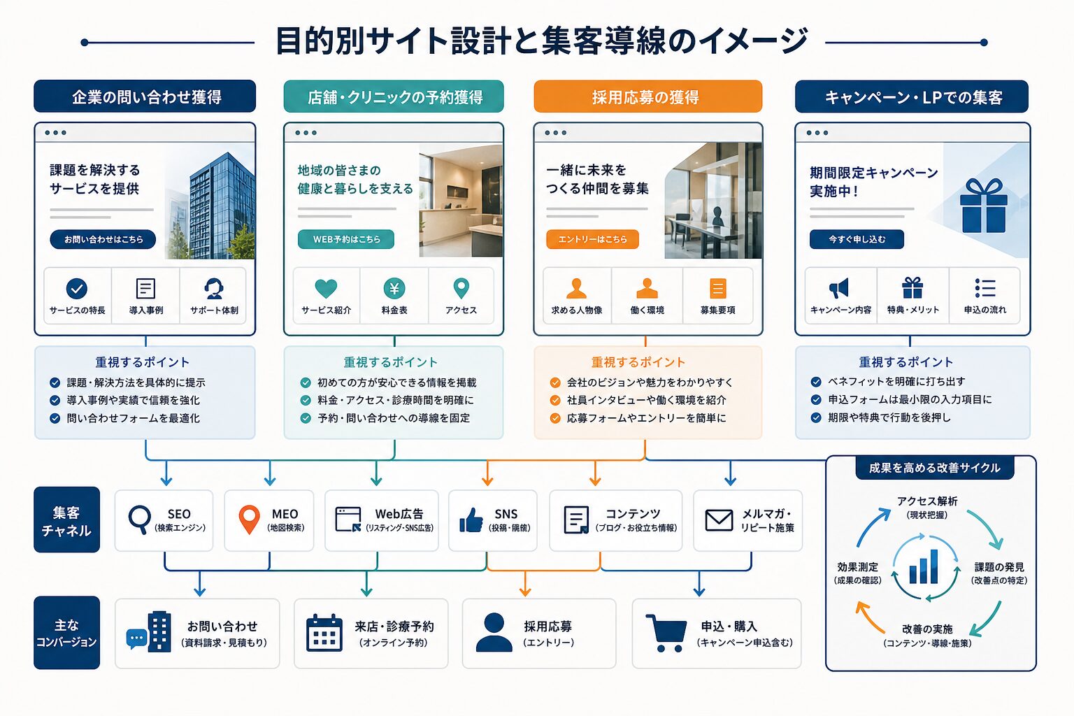 目的別のホームページ構成と導線のイメージ