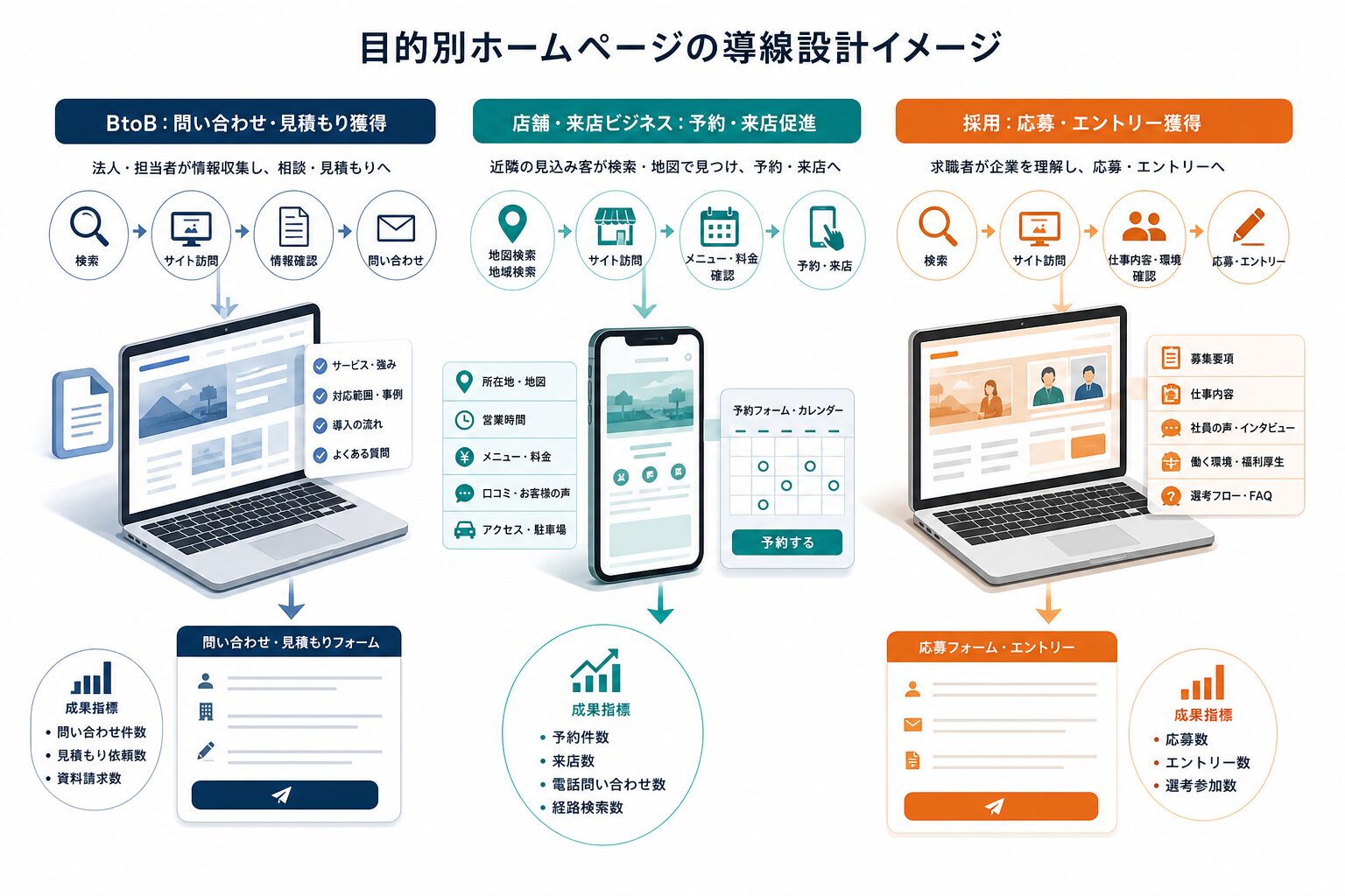 問い合わせ・予約・採用の目的別ホームページ導線