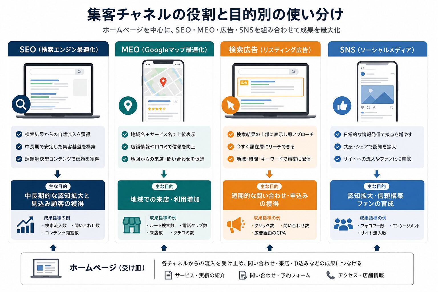 SEO・MEO・Web広告・SNSの役割を比較したイメージ図
