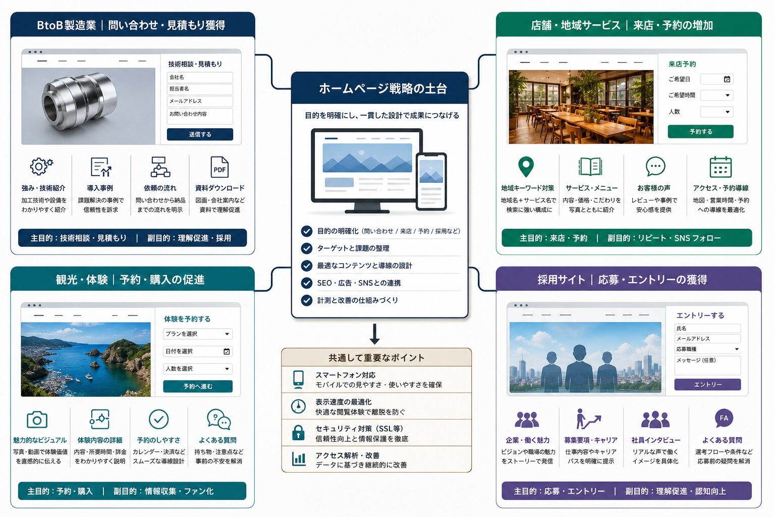 目的別に異なるホームページの構成と導線設計のイメージ