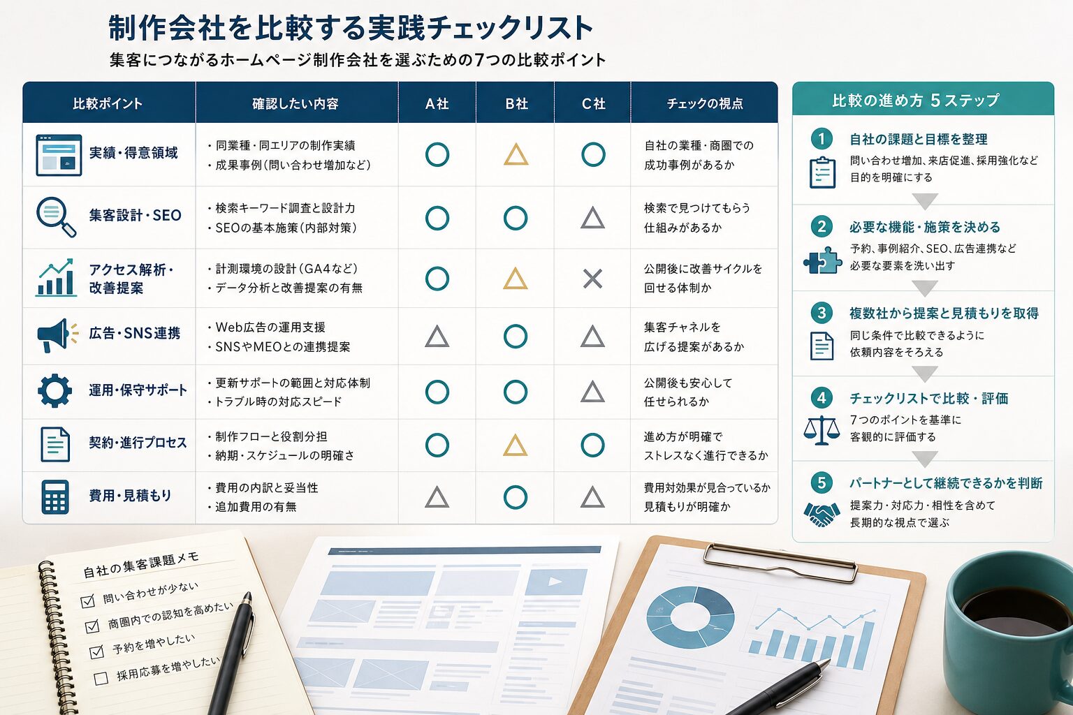ホームページ制作会社を集客課題と支援範囲で比較するイメージ