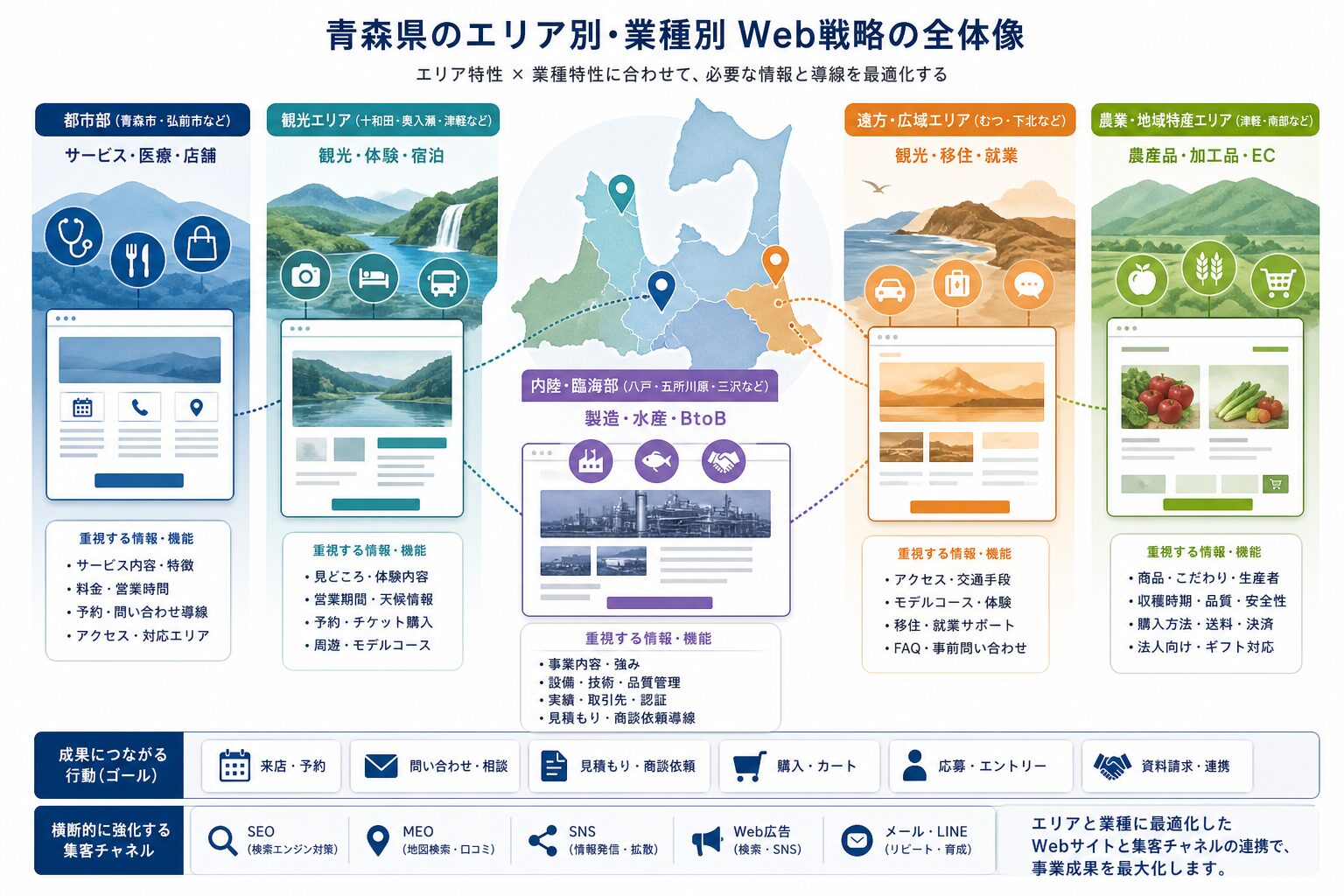 青森県内の地域特性に応じたWeb集客設計のイメージ
