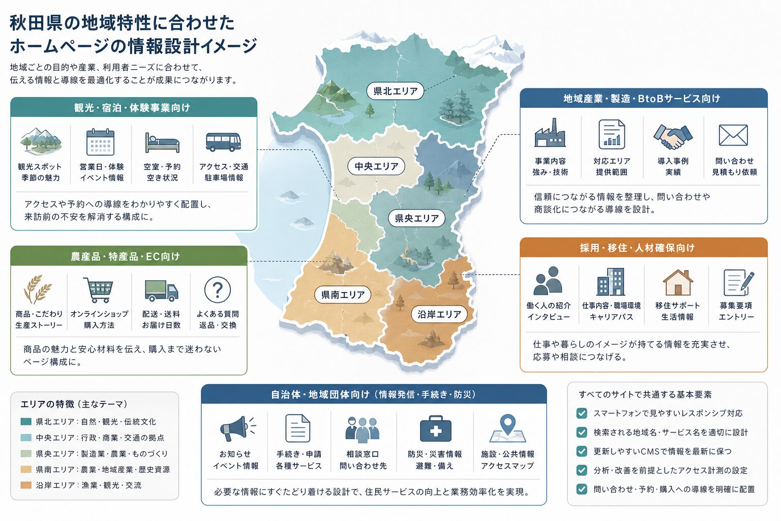 秋田県の地域特性に合わせて情報設計を分けるイメージ図