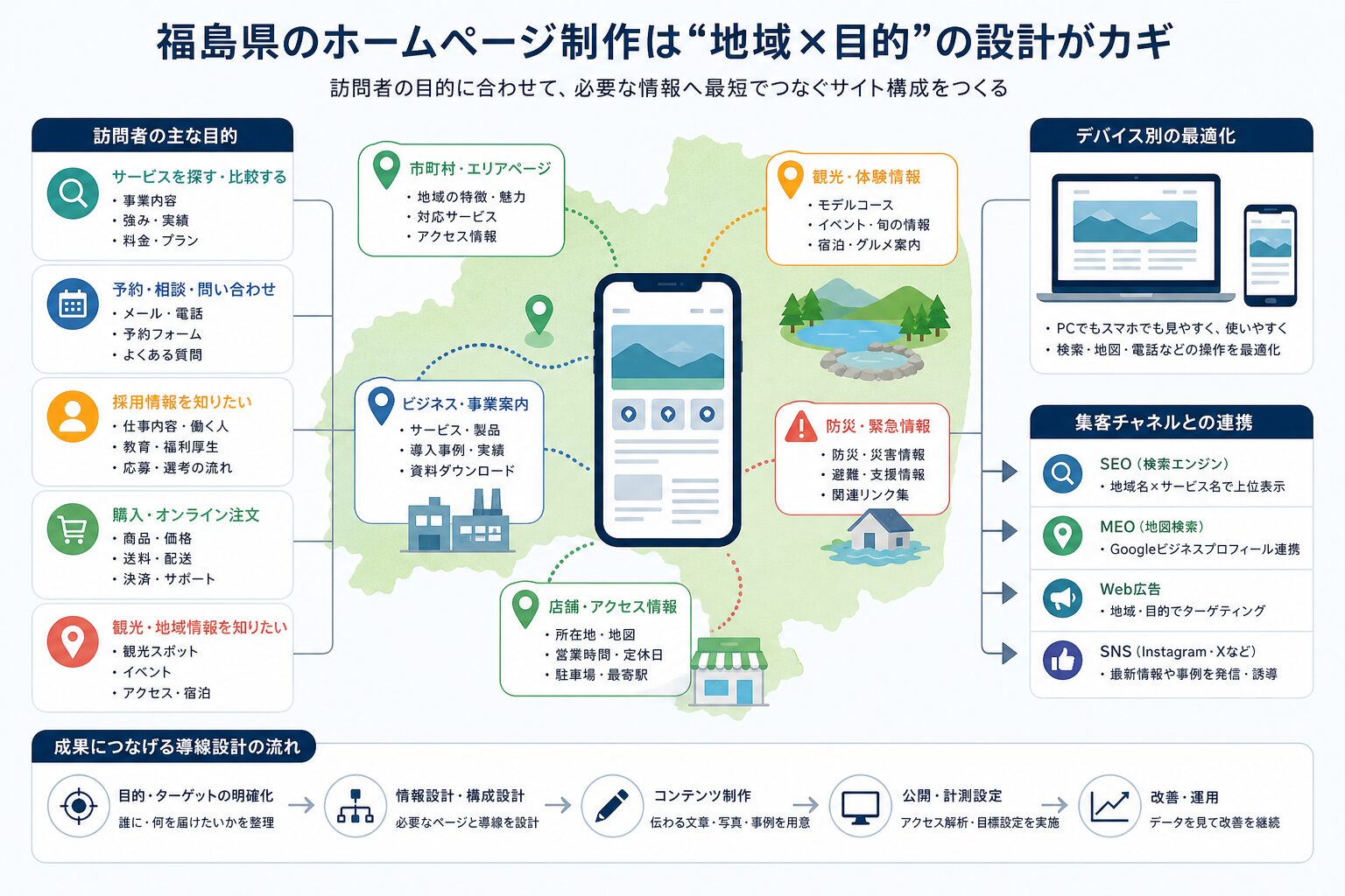 地域ごとの特性に合わせたホームページ導線設計のイメージ