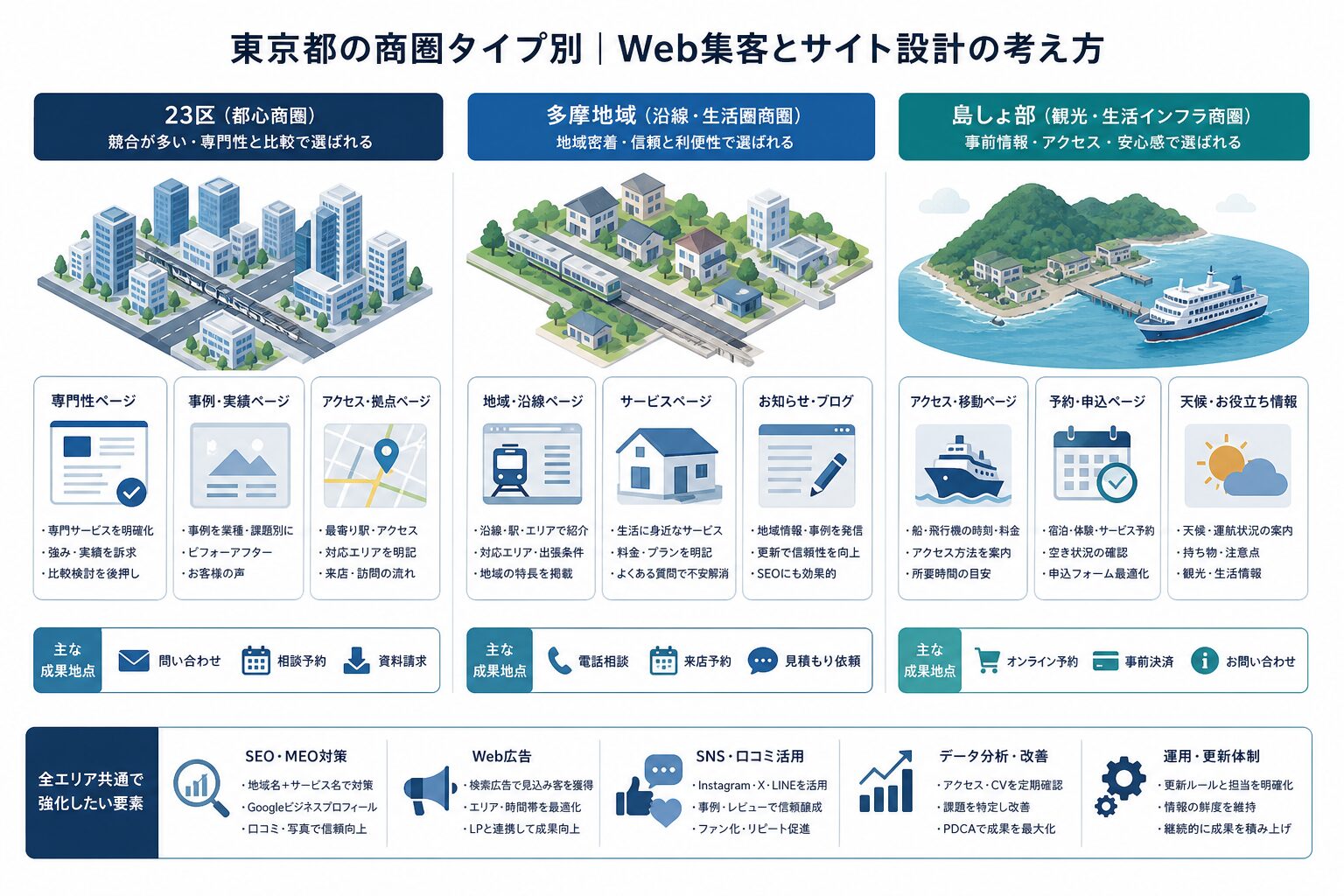 23区、多摩地域、島しょ部で異なるWeb集客設計の比較図