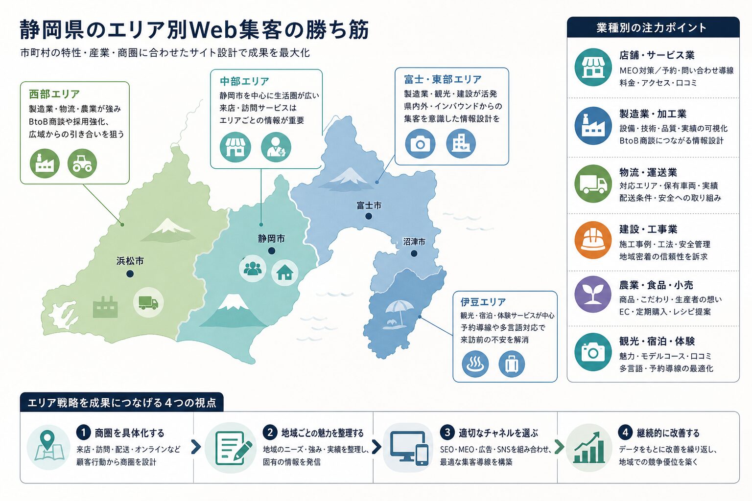 静岡県の地域別Web集客戦略を表したイメージ