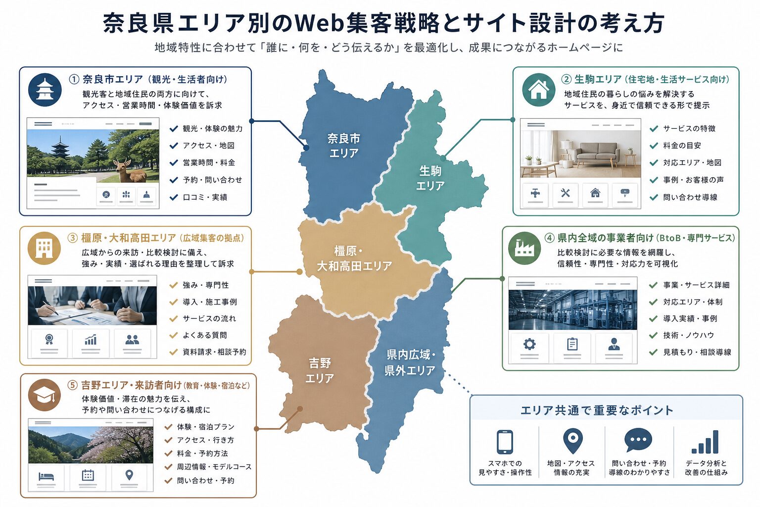 奈良県の地域特性に合わせてホームページの訴求を分けるイメージ