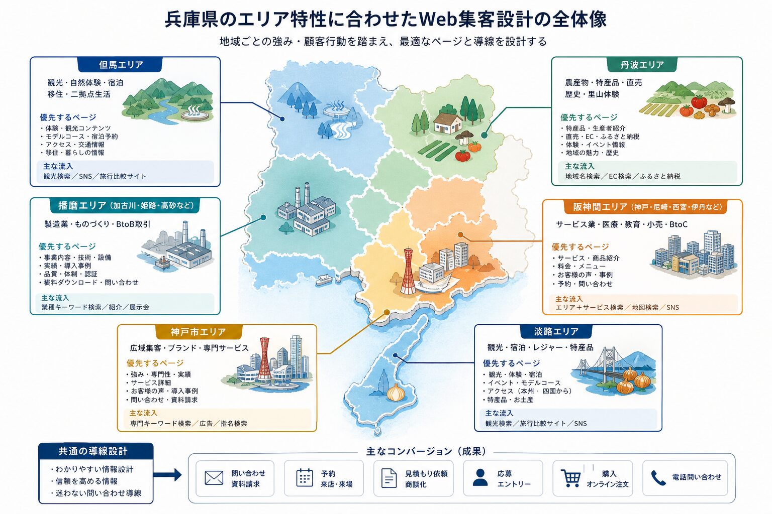 兵庫県の地域特性に応じたWeb集客設計のイメージ