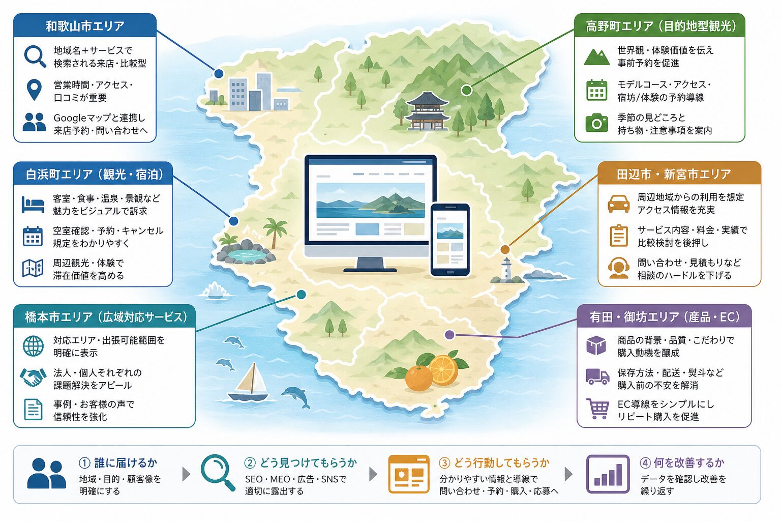 和歌山県内の地域特性に応じたWeb集客戦略のイメージ