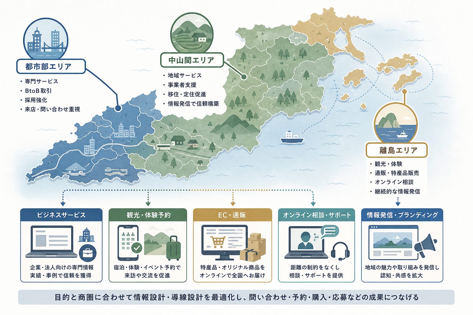 島根県の都市部・中山間地域・離島ごとのWeb集客方針を表す図