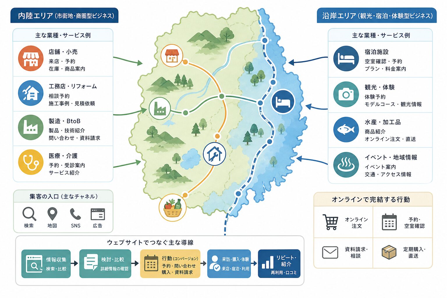 岩手県の内陸部・沿岸部の商圏に合わせたWeb集客を表す図