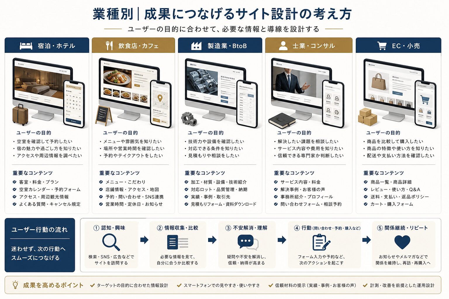 業種ごとに必要なホームページ情報設計のイメージ