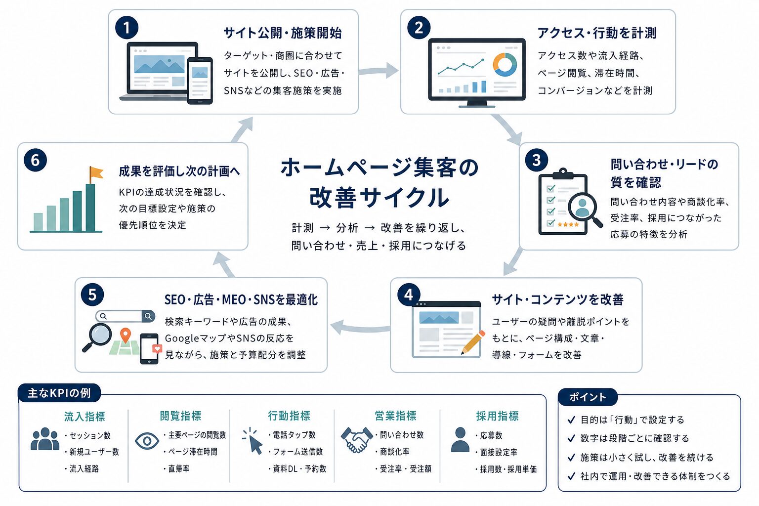ホームページ公開後の計測と改善のサイクル図