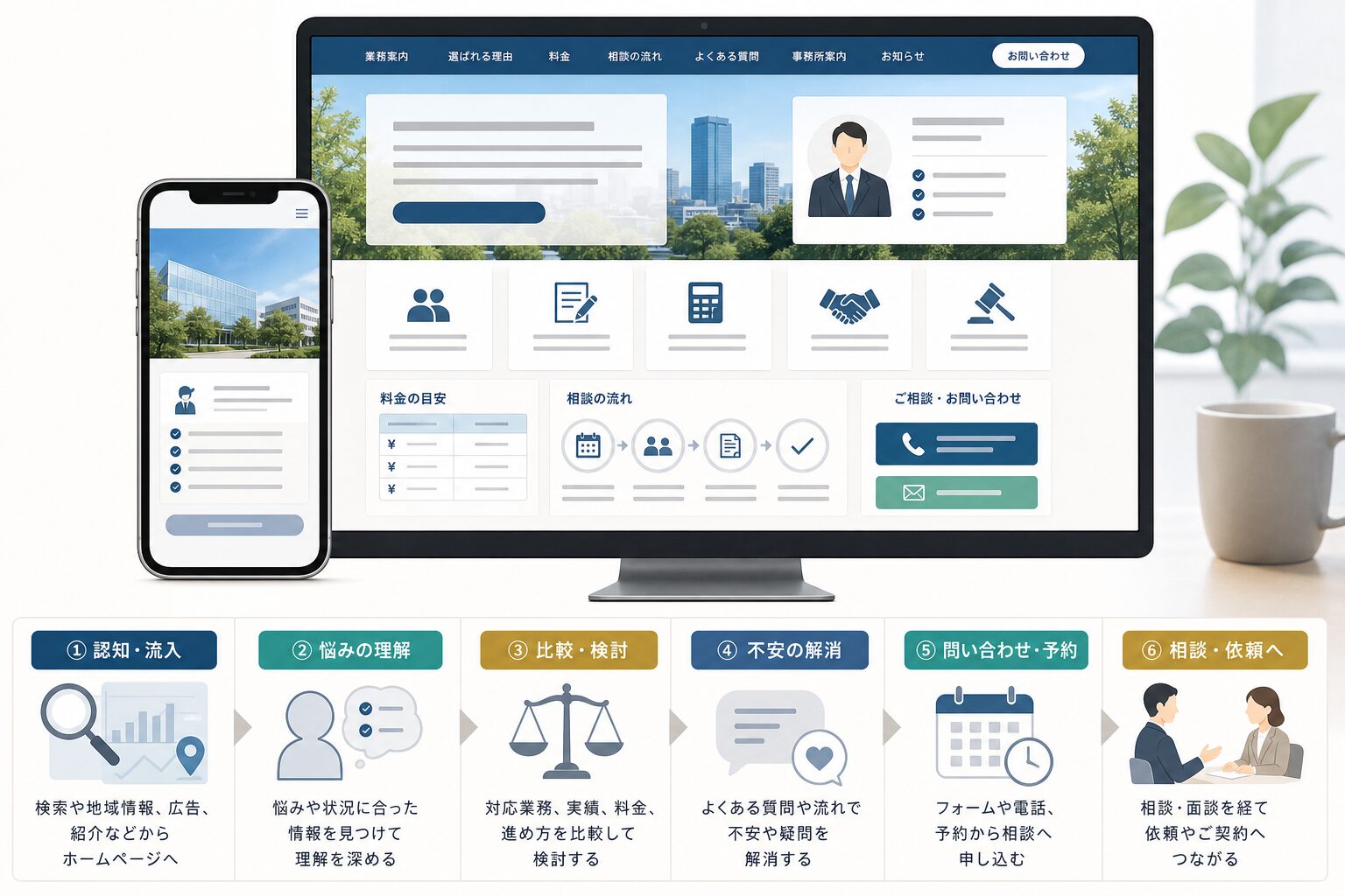 スマートフォンでも見やすく信頼感を伝える士業ホームページのイメージ