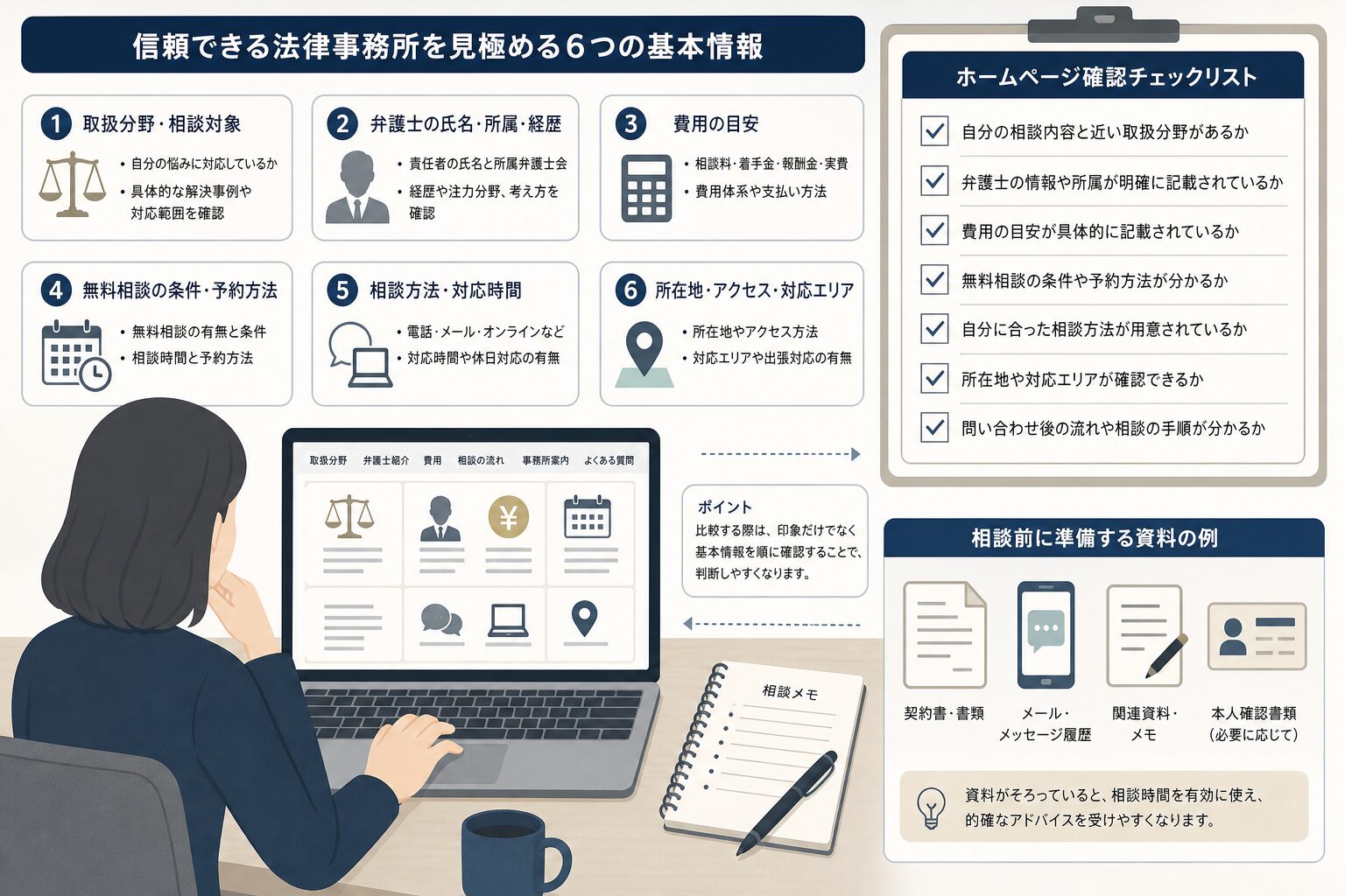 相談内容に合う法律事務所を比較するための確認イメージ