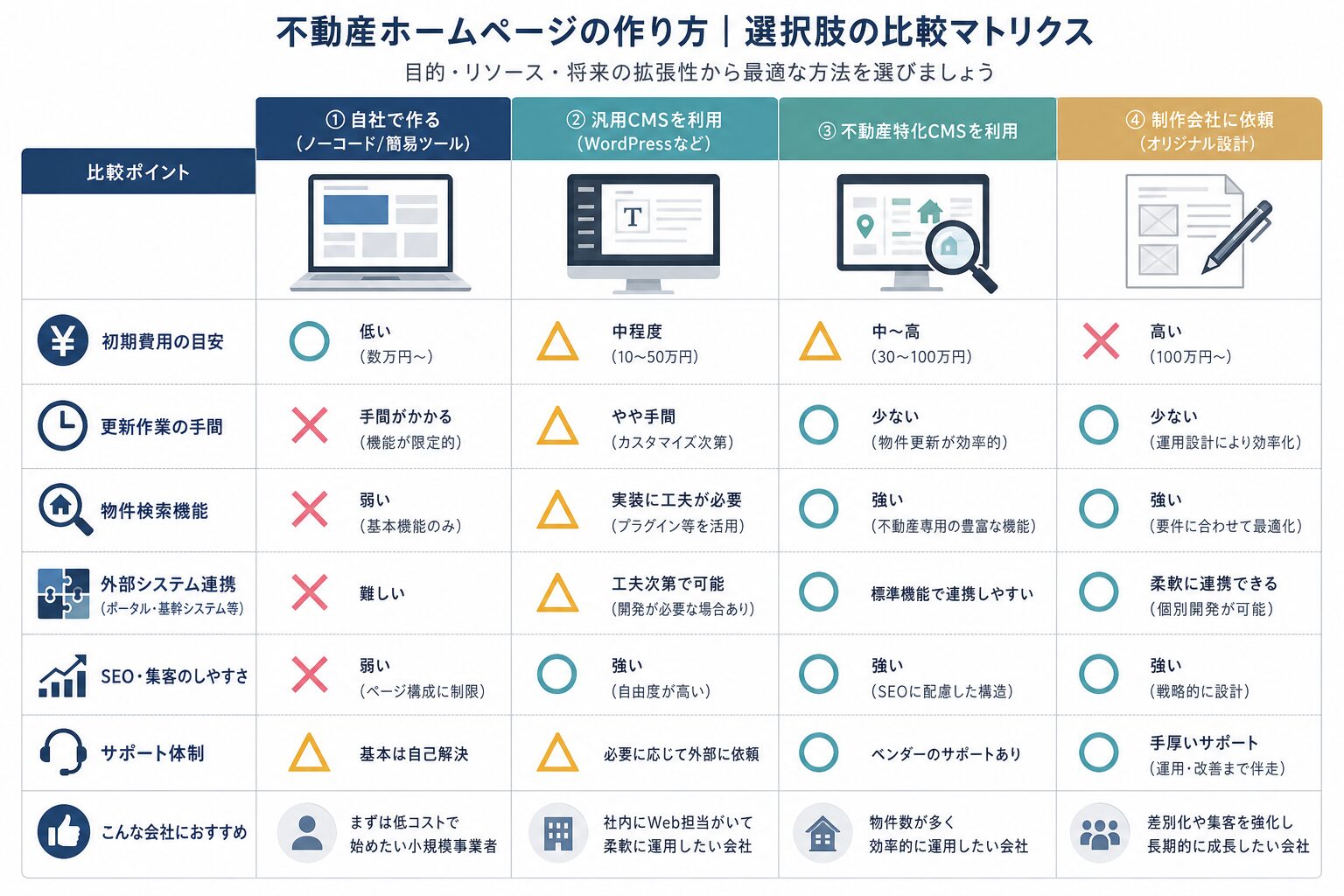 不動産ホームページの制作方法とCMSを比較する判断イメージ