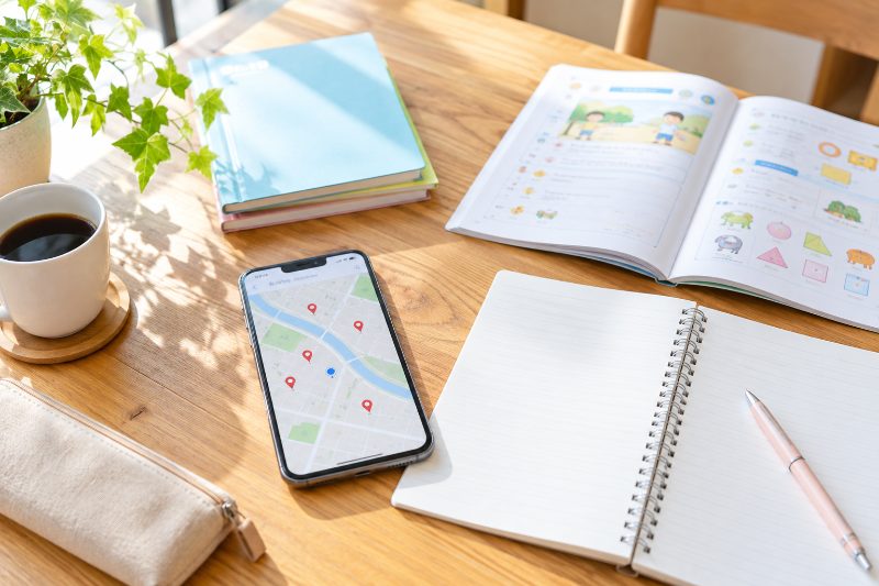 教室を検索する保護者のスマートフォンとノート