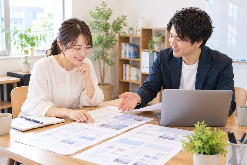 スクールの運営者と制作会社がホームページの打ち合わせをする様子